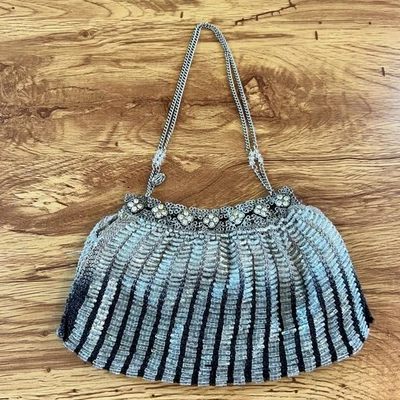 CLARA KASAVIN Beaded Evening Clutch Purse Silver Black Rhinestone Flowers Chain - Image 1 of 4