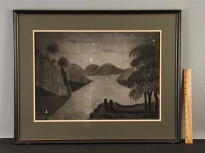 Antico dipinto paesaggio fiume Hudson notturno polvere marmo carta vetrata arte popolare - Foto 1 di 6