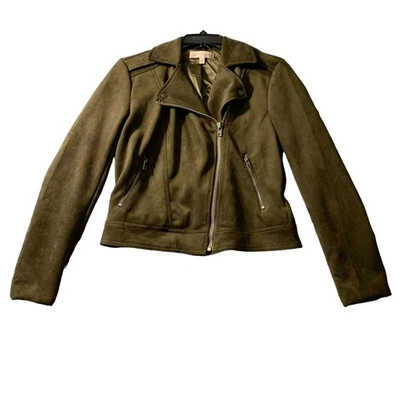 Chaqueta Philosophy Mujer Pequeña Verde Oliva Oscuro Moto Imitación Gamuza Cuero Cremalleras Foto 1 de 4