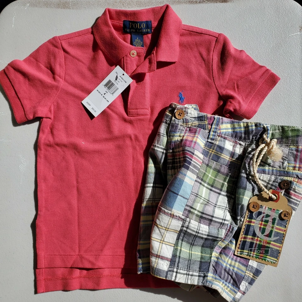 Ralph Lauren Boys Size 4 Top w/ Tailor Vintage Madras Plaid Shorts Brand NEW - Image 1 of 1