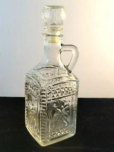 Large Square Cruet Bottle w/Handle Pressed Glass Diamond Cut Round Stopper 10" - Picture 1 of 10