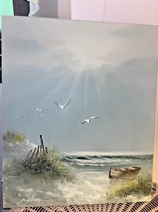Easter? Phillip Sandee Canvas Signed Original Oil Sea Scape Boat Birds Blue tone - Bild 1 von 17