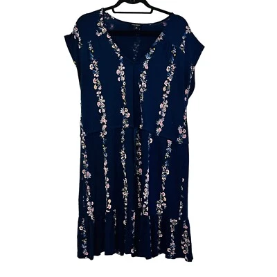Vestido para mujer Lucky Brand mediano azul floral manga gorra cordón cintura volantes Foto 1 de 4
