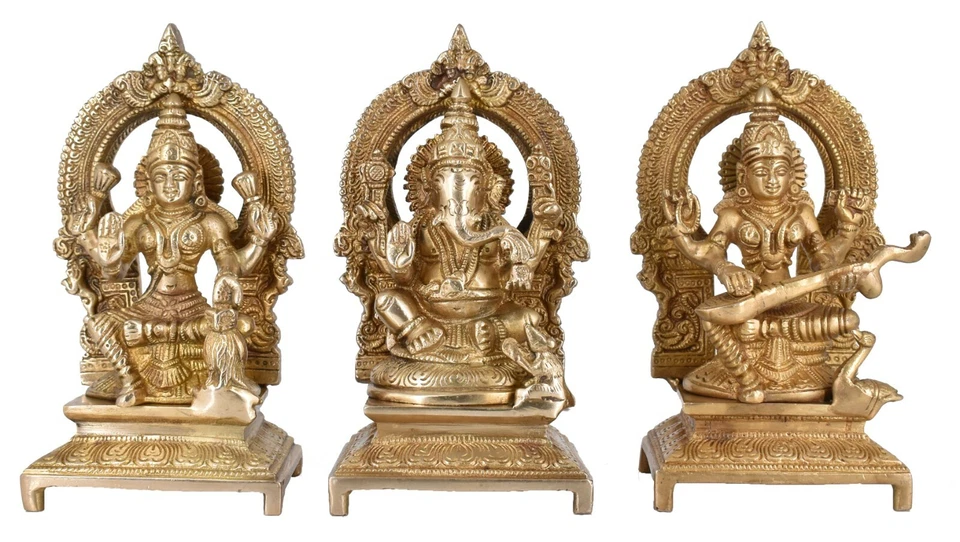 Estatua de ídolo de ballena blanca de latón Ganesha y diosa Laxmi Saraswati decoración del hogar Foto 1 de 4