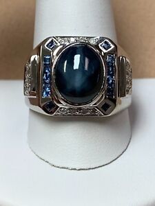 14K White Gold Men's Blue Star Sapphire Ring With Diamonds 10.7 Grams Size 11.5