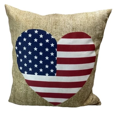 Heart-Shaped American Flag Decorative Throw Pillow Faux Burlap Patriotic 16x15 - Image 1 of 4