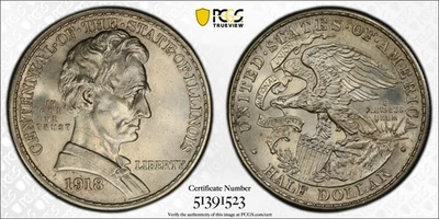 Medio dólar conmemorativo Lincoln 1918 50C aniversario del estado de Illinois plateado... Foto 1 de 2