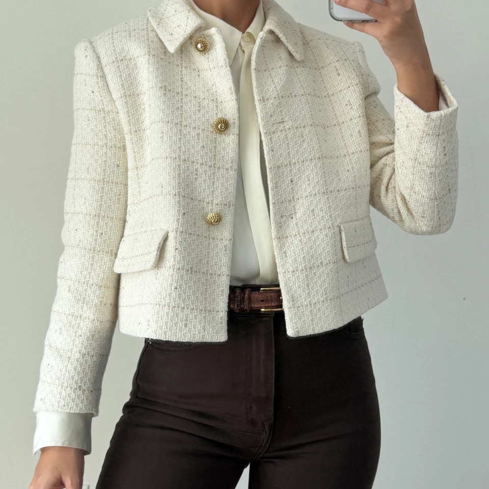 Chaqueta Zara Tweed Mujer Mediana Crema Recortada Cuadros Texturizada Blazer Tranquilo Lujo Foto 1 de 4