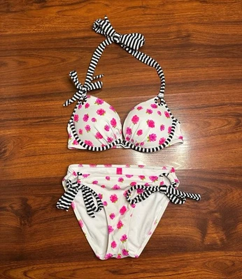 2012 Victorias Secret Y2K Bikini 2 Pc Set Pink Black And White Striped Sz S 32C - Image 1 of 4