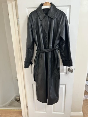 Tall Leather Oversized Trench Coat Size 12 Black Belted - Image 1 of 4
