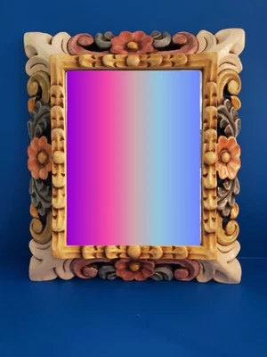 Espejo de madera tallada vintage con flores y decoración arte peruano artesanal vibrante Foto 1 de 4