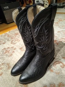 TONY LAMA VAQUERO BLACK BULLHIDE LEATHER ROUND TOE COWBOY BOOTS VM2952 MENS 11.5 - Picture 1 of 12