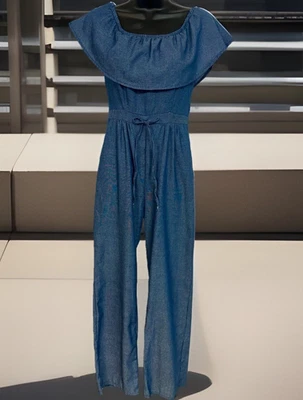 Macacão Misses pequeno azul cambraia estilo camponês com cintura-amarrada pernas alargadas boho - Imagem 1 de 4