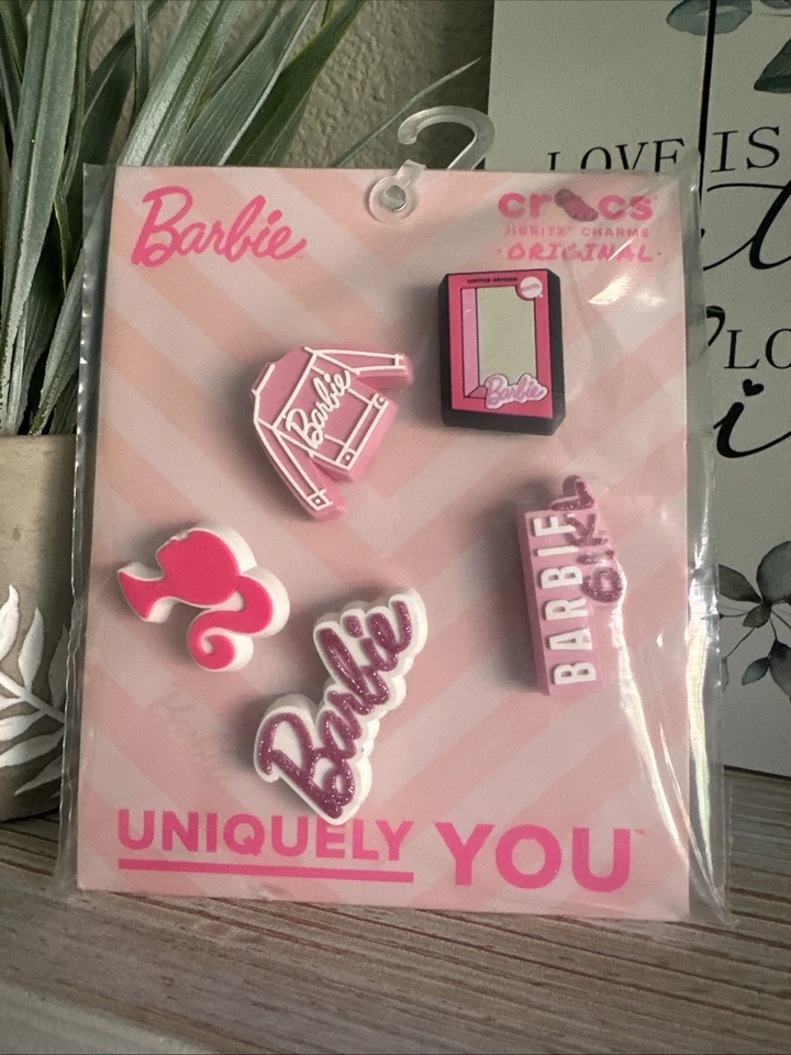 CROCS Barbie Girl Jibbitz Charms 5 pc Set Pink Glitter Logo Ponytail Sweater