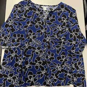 Tommy Bahama Tunika Oberteil Hawaii Print Gr. S schwarz blau Blumen kurze Glockenärmel - Bild 1 von 7