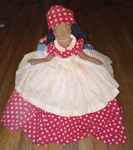 Primitive Plush Doll african american Red polka dot Dress Shelf Sitter Vintage - Picture 1 of 7