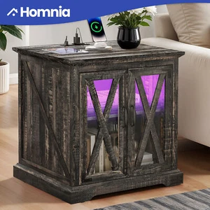 Rustic LED End Sofa Table Nightstand Cabinet and Power Station USB Ports Brown - Picture 1 of 11