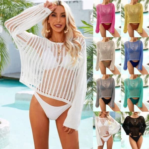 Womens Sexy See Through Hollow Tops Mesh Crop Blouses Summer Beach T Shirts SIZE - Picture 1 of 39