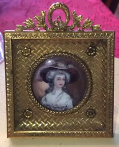 Antique Miniature Victorian Portrait Painting Signed Yanny Brass Frame France 2 - Picture 1 of 23