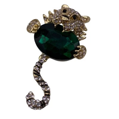 TIGER BROOCH Green Rhinestone Belly Movable Tail Black Enamel Costume Jewelry - Image 1 of 4