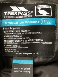 Mens Trespass Down Jacket Parka TP 50 Black Size Large No Hood Warm Comfortable - Picture 1 of 7