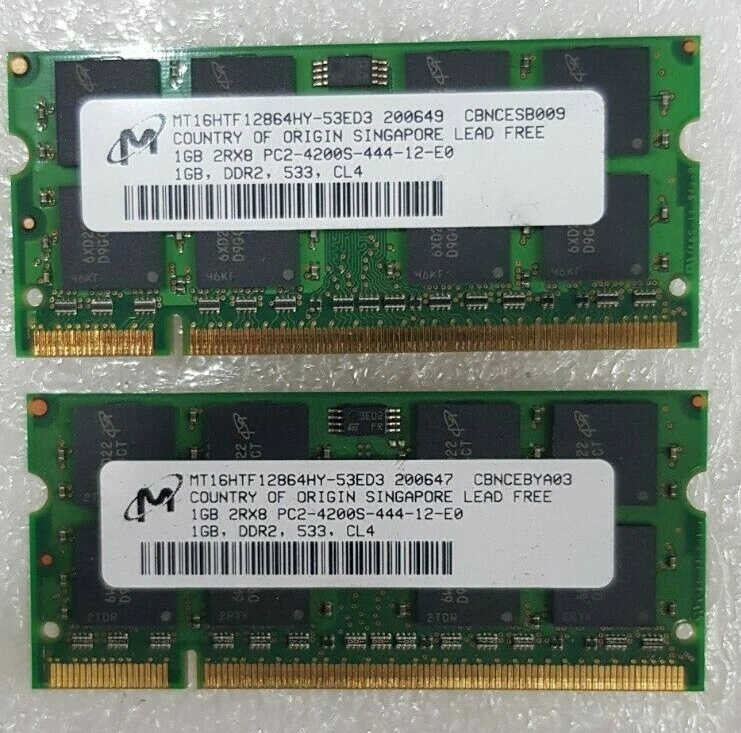 Micron 2GB ( 2 * 1GB ) SODIMM PC2-4200S 2Rx8 DDR2  MT16HTF12864HY-53ED3 - Image 1 of 2