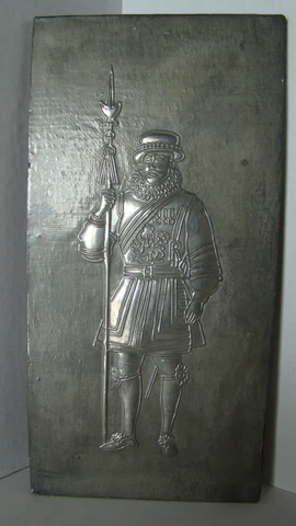 Vintage Handmade Pewter Repousse On Wood Plaque Of Beefeater From United Kingdom Cover