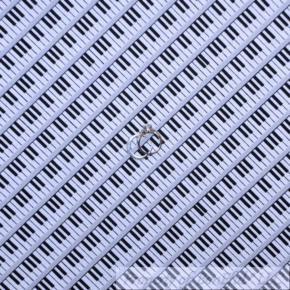 BonEful Fabric FQ Cotton Quilt Black White B&W Piano Keyboard Music Stripe Xmas - Image 1 of 4