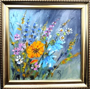 Original Ölgemälde 7x7 Zoll blühende Wildblumen Floral Impasto Kunst signiert - Bild 1 von 10