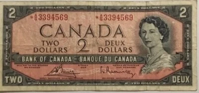 1954 CANADA 2 DOLLAR BILL QUEEN ELIZABETH II REPLACEMENT NOTE VINTAGE ￼ - Image 1 of 4