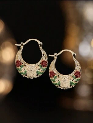 18k Gold Red & Green Virgin Mary Earrings - Image 1 of 4