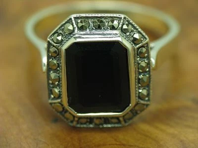 925 Anello IN Argento Sterling con Onice & Marcasite Ricoperto / Vero / Rg 54,5 - Immagine 1 di 3