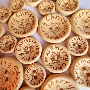 LUXURY WOODEN MERRY CHRISTMAS BUTTONS -15mm, 20mm, 25mm XMAS, SNOWFLAKE, FESTIVE - Picture 1 of 8