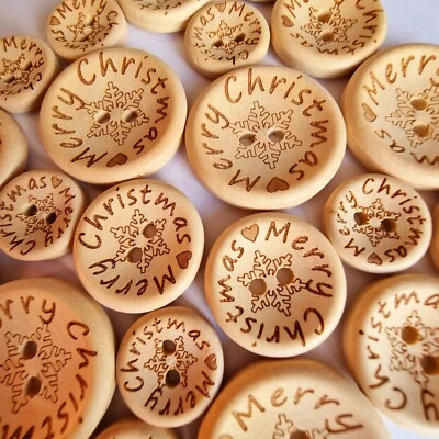 LUXURY WOODEN MERRY CHRISTMAS BUTTONS -15mm, 20mm, 25mm XMAS, SNOWFLAKE, FESTIVE - Image 1 of 4