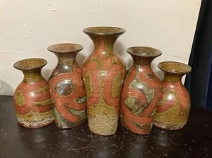 Unique Clay Pottery Vase Set Of 5 Formed To Each Other With Design - Picture 1 of 11