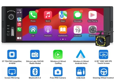 6.36" 1 DIN Stereo Wireless CarPlay Android Auto Bluetooth 5.3 w/ Backup Camera - Image 1 of 4