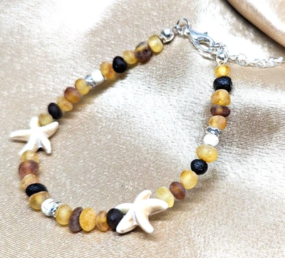 Pulseira pequena âmbar natural ajustável para meninas mulheres presente estrela do mar multicolorida - Imagem 1 de 3