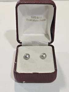 14K Yellow Gold 6mm Grey Button Freshwater Cultured Pearl Stud Earrings - Picture 1 of 4
