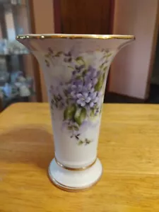 Burton & Burton Floral Porcelain Trumpet Vase Purple Violets Gold Trim - Picture 1 of 3