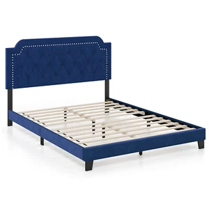 Queen Size Velvet Platform Bed with Button Tufted & Nailhead Trim Headboard - Picture 1 of 10