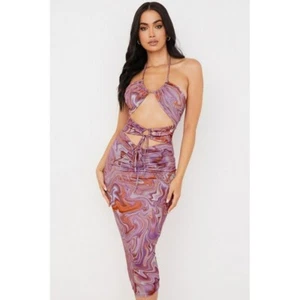 House of CB London Kasia Purple Swirl Print Cut Out Midi Dress Size M - Picture 1 of 12
