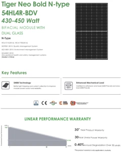Jinko 440w N-type Solar Panel JKM440N-54HL4R-BDV with 30 yr perf wrnty NT/TAS/WA - Picture 1 of 3
