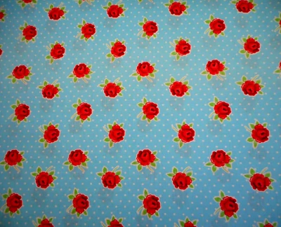 Quilt Fabric By Half-Yard Red Roses White Dots on Blue Floral Premium Cotton B C - Image 1 of 2