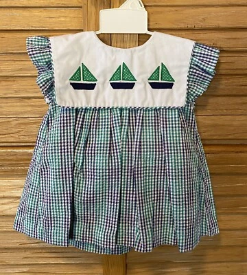 EUC Samara Navy & Green Plaid Seersucker Appliqué Sailboats Dress Girls Size 2T - Image 1 of 4