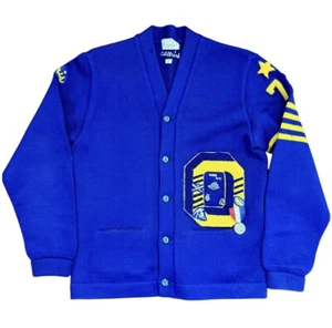 Vintage 70s Letterman Cardigan Sweater Medium 19X25 Blue Gold Virgin Wool Patch - Picture 1 of 17