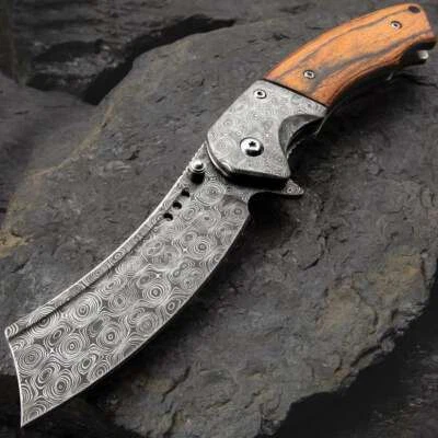 K EXCLUSIVE Boot Hill Razor Pocket Knife, Damascus Pattern Steel Blade, Assisted Opening