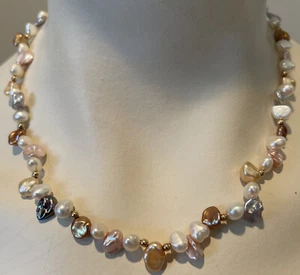 Honora 18” Keshi Pearl Necklace 14K Clasp & Separator Balls Multicolored Unique - Picture 1 of 6