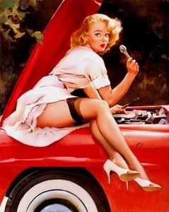 Retro Pinup Girl CANVAS PRINT Vintage Poster Gil Elvgren Car Bonnet - 12x8" - Picture 1 of 1