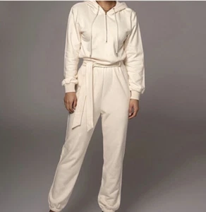 Jluxlabel Ivory Jumpsuit Size S Small Beige Journey Fleece Long Sleeve Hooded - Picture 1 of 18