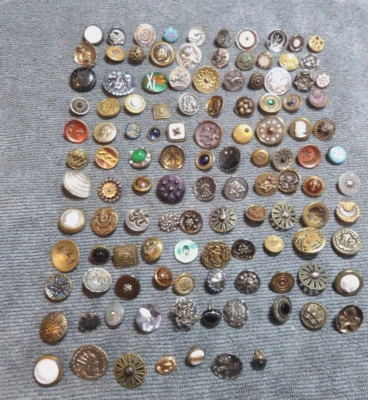 117 Vintage Metal & Glass Buttons People Flowers Objects - Image 1 of 4